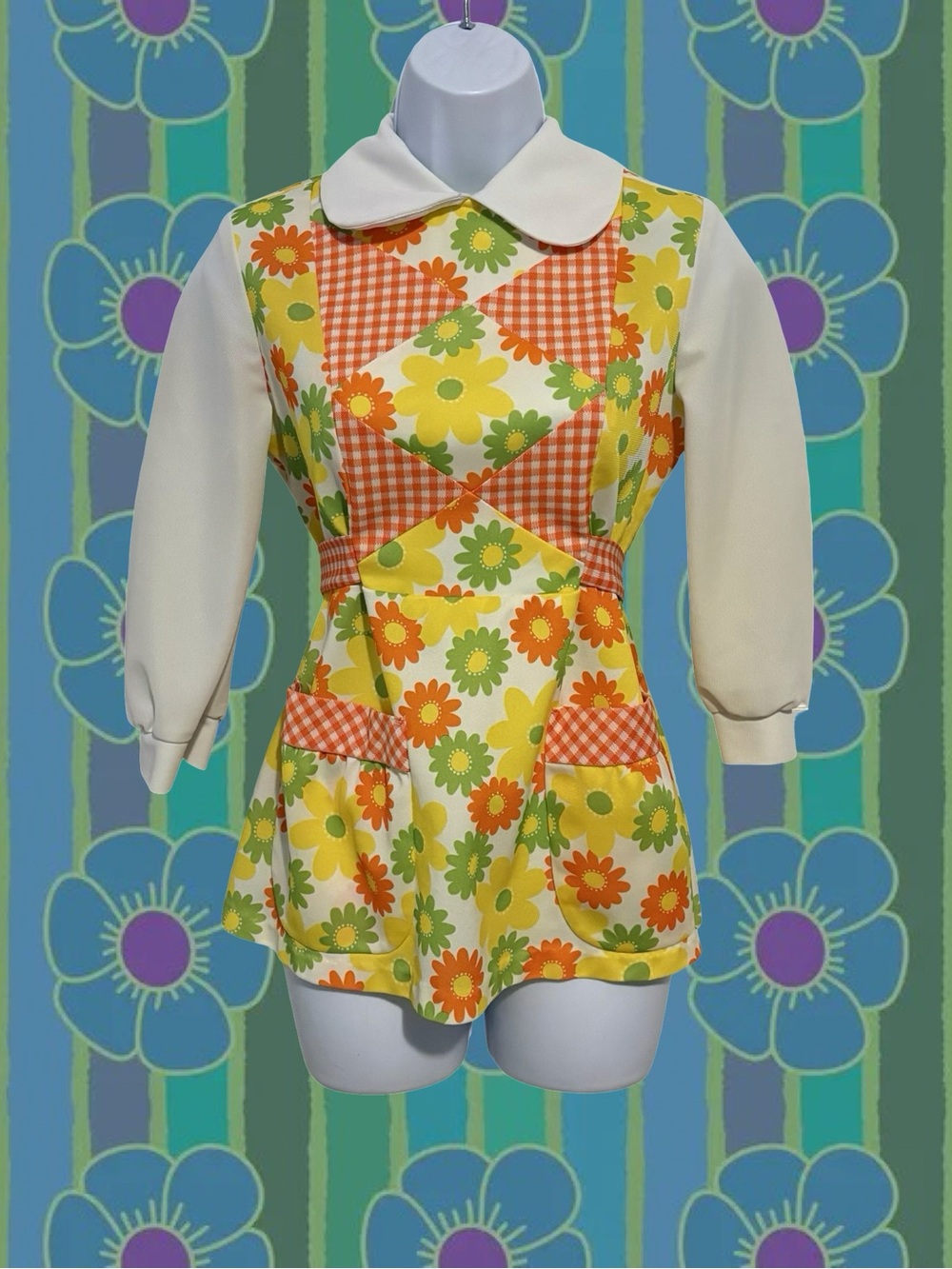Vintage Yellow Floral Patchwork Blouse with White Sleeves